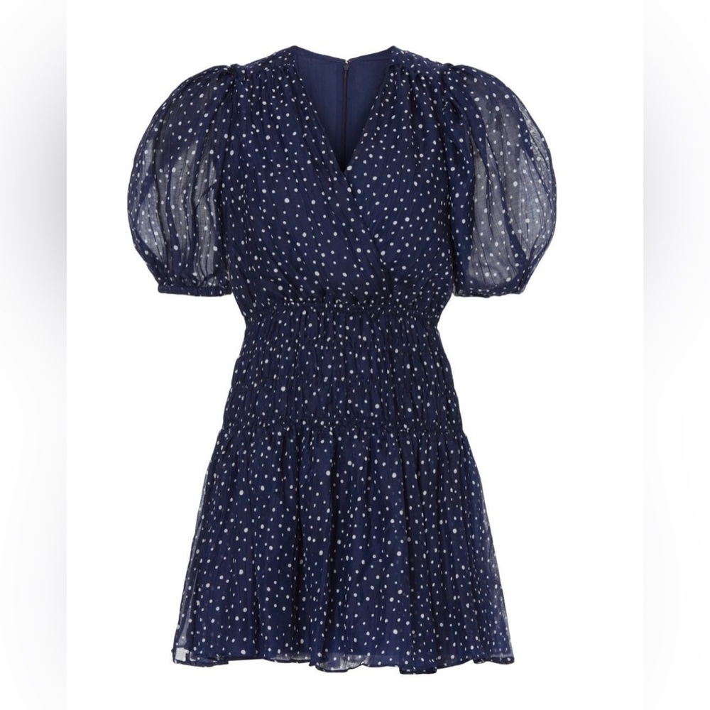Donna Morgan navy polka dot dress with puffed sleeves. GUC